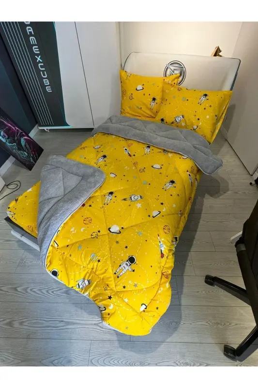 Tek Kişilik Welsoft Pufidik Uyku Seti (Lastikli Çarşaflı) Uzay Sarı-Sarı Gri - 5