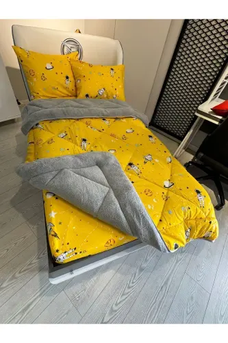 Tek Kişilik Welsoft Pufidik Uyku Seti (Lastikli Çarşaflı) Uzay Sarı-Sarı Gri - 6