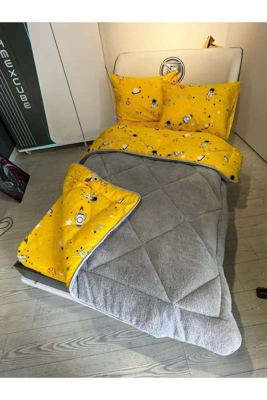 Tek Kişilik Welsoft Pufidik Uyku Seti (Lastikli Çarşaflı) Uzay Sarı-Sarı Gri - 8