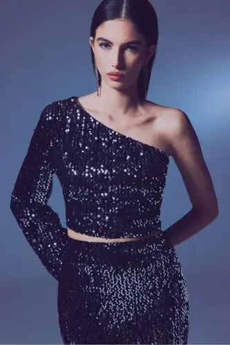 Tek Kollu Crop Bluz - Gümüş-GÜMÜŞ - Modazone (1)