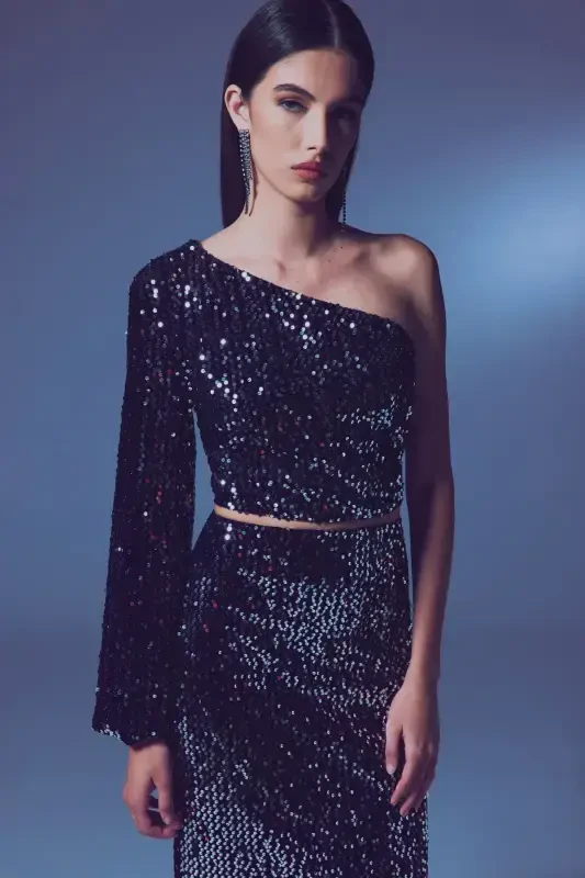 Tek Kollu Crop Bluz - Gümüş-GÜMÜŞ - 1