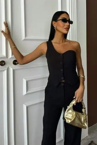 Tek Omuz Büstiyer Plazzo Pantolon Viscon Takım 10159 - 4