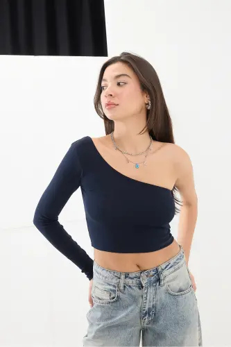 Tek Omuz Uzun Kollu Crop Bluz B13784-F1-Laci 