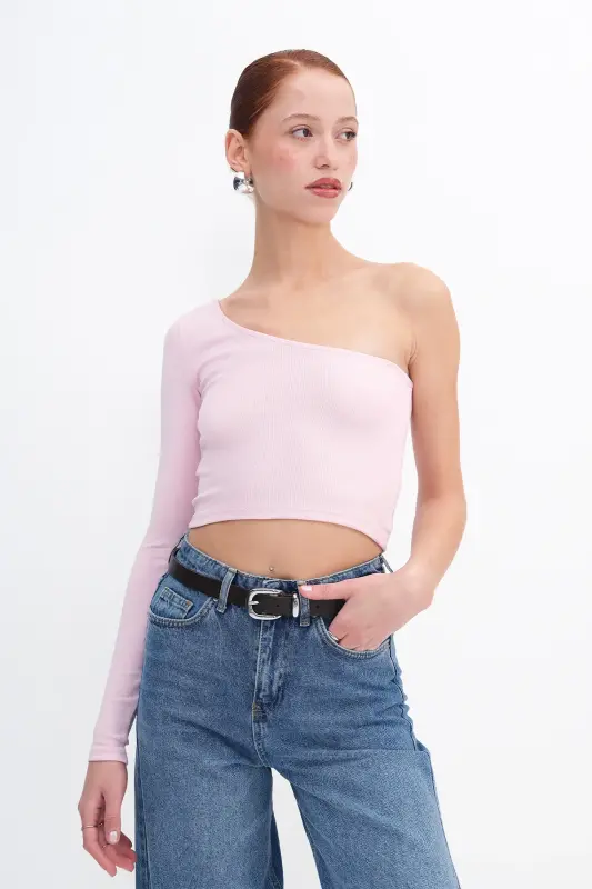 Tek Omuz Uzun Kollu Crop Bluz B13784-F1 - Lotus - 1