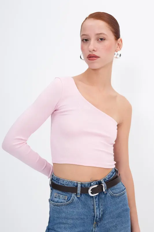Tek Omuz Uzun Kollu Crop Bluz B13784-F1 - Lotus - 3