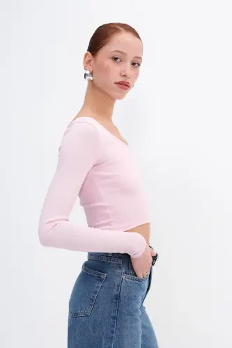 Tek Omuz Uzun Kollu Crop Bluz B13784-F1 - Lotus - 4