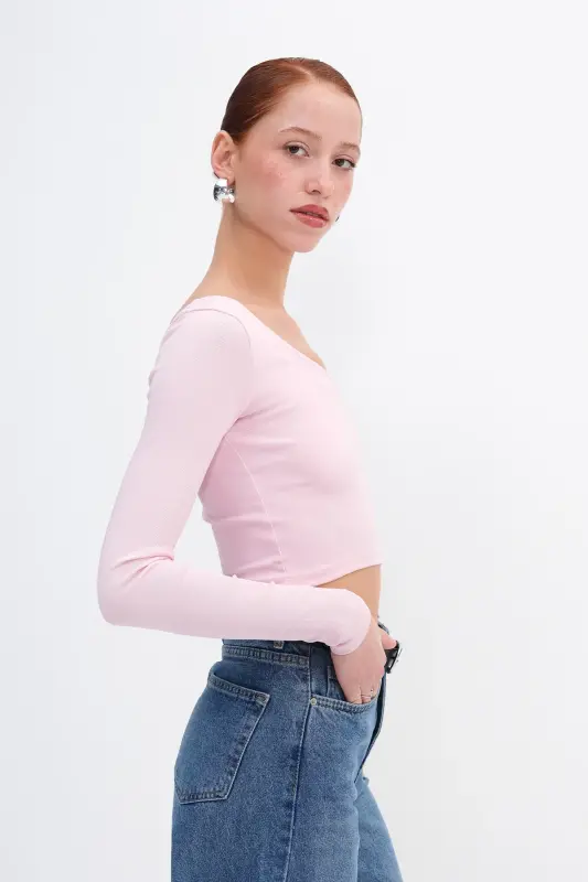 Tek Omuz Uzun Kollu Crop Bluz B13784-F1 - Lotus - 4
