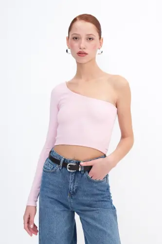 Tek Omuz Uzun Kollu Crop Bluz B13784-F1 - Lotus - 5
