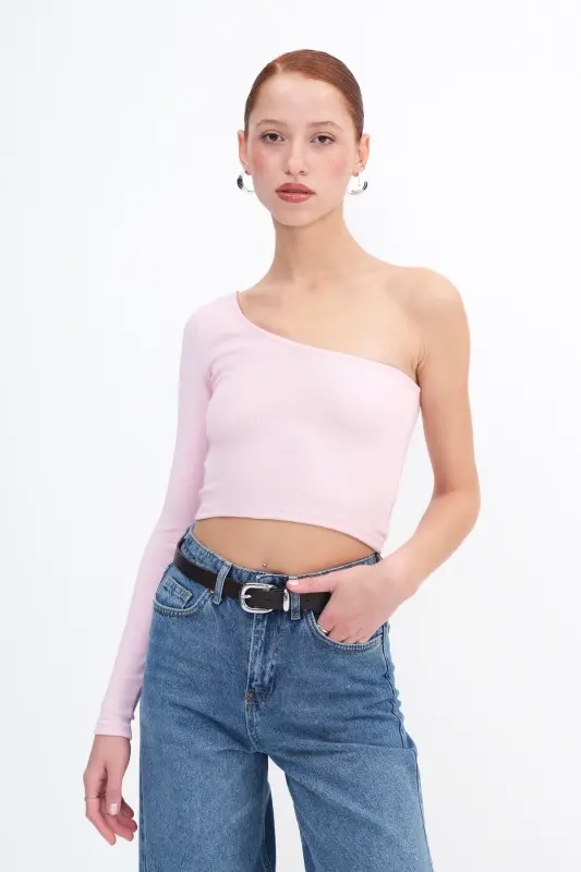Tek Omuz Uzun Kollu Crop Bluz B13784-F1 - Lotus - 5