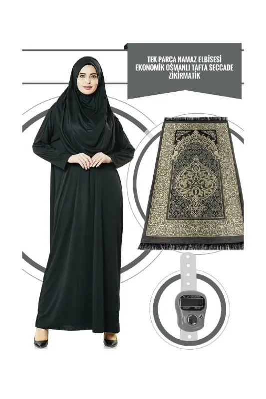 Tek Parça Namaz Elbisesi - Siyah - 5015 Ve Seccade Ve Zikirmatik - Üçlü Takım - Siyah - İHVAN