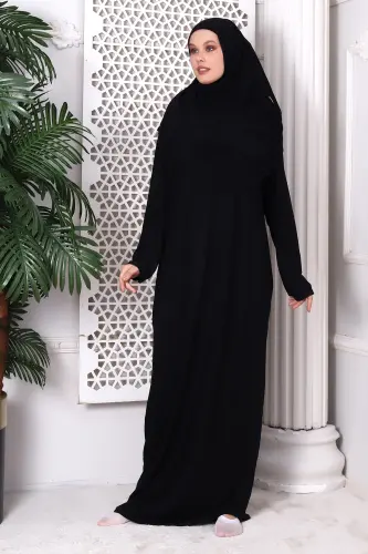 Tek Parça Pratik Boshörtülü Robali Namoz Libosi 8015 Siyah-Siyah - 11