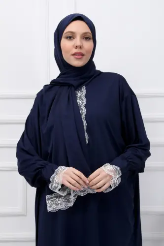 Tek parcha o'zidan sholli ayollar namoz libosi - to'q ko'k - 3