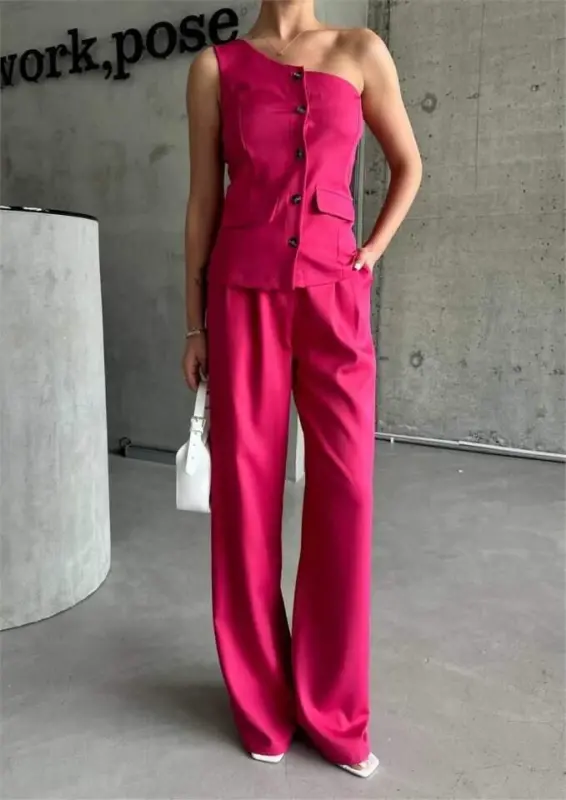 TEK QO'L YELEK - PANTALON ATLAS TO'PLAMI - Fuchsia - 3
