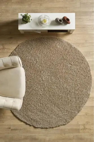 Tek Renk Desensiz Bej Yuvarlak Yumuşak Post Peluş Shaggy Halı Salon Oturma Odası Yolluk Mutfak Halı - Bej - 1
