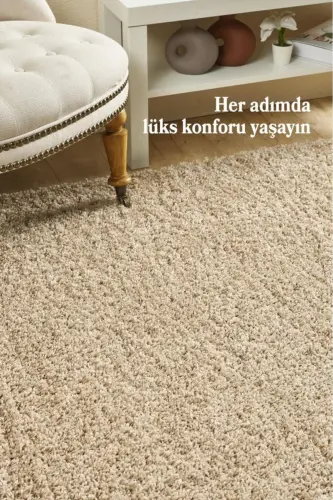 Tek Renk Desensiz Bej Yuvarlak Yumuşak Post Peluş Shaggy Halı Salon Oturma Odası Yolluk Mutfak Halı-Bej - RED HALI (1)