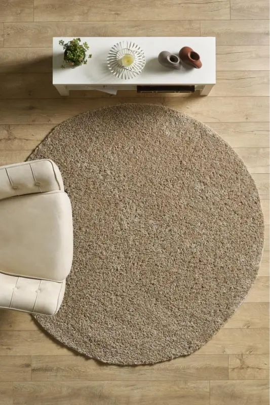 Tek Renk Desensiz Bej Yuvarlak Yumuşak Post Peluş Shaggy Halı Salon Oturma Odası Yolluk Mutfak Halı-Bej - RED HALI