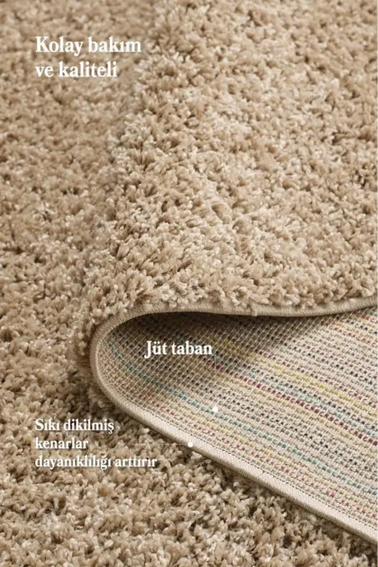 Tek Renk Desensiz Bej Yuvarlak Yumuşak Post Peluş Shaggy Halı Salon Oturma Odası Yolluk Mutfak Halı-Bej - 4