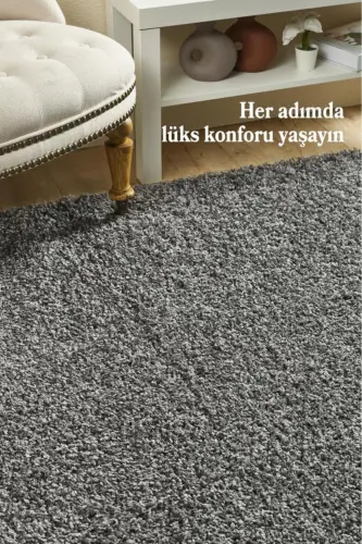 Tek Renk Desensiz Gri Yuvarlak Yumuşak Post Peluş Shaggy Halı Salon Oturma Odası Yolluk Mutfak Halı - Gri - RED HALI (1)