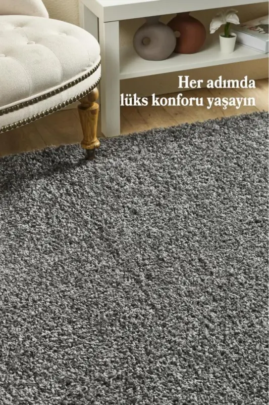 Tek Renk Desensiz Gri Yuvarlak Yumuşak Post Peluş Shaggy Halı Salon Oturma Odası Yolluk Mutfak Halı-Gri - 2