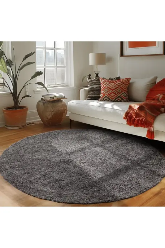Tek Renk Desensiz Gri Yuvarlak Yumuşak Post Peluş Shaggy Halı Salon Oturma Odası Yolluk Mutfak Halı-Gri - 6