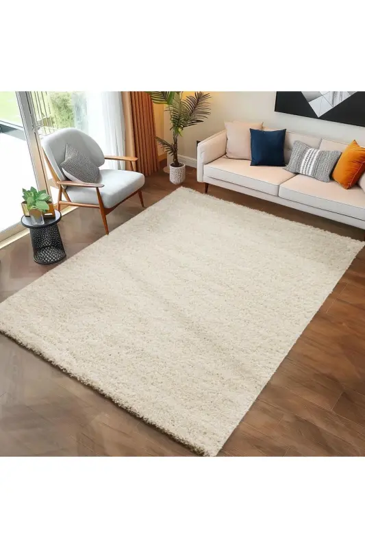 Tek Renk Desensiz Krem Yumuşak Post Peluş Shaggy Halı Salon Oturma Odası Yolluk Mutfak Halısı-Krem - 6
