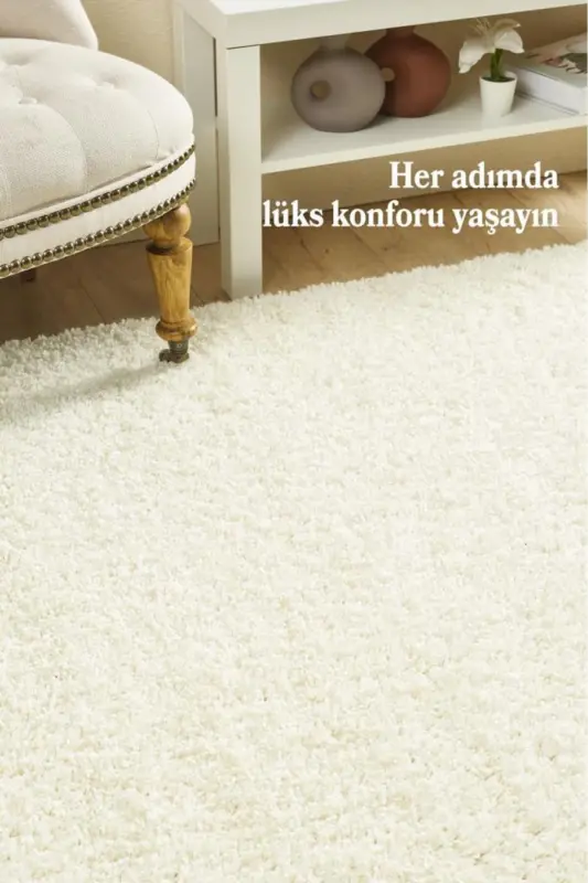 Tek Renk Desensiz Krem Yuvarlak Yumuşak Post Peluş Shaggy Halı Salon Oturma Odası Yolluk Mutfak Halı-Krem - 2