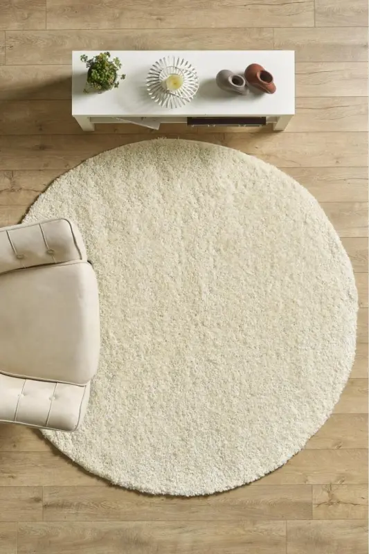 Tek Renk Desensiz Krem Yuvarlak Yumuşak Post Peluş Shaggy Halı Salon Oturma Odası Yolluk Mutfak Halı-Krem - RED HALI