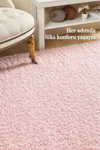 Tek Renk Desensiz Pembe Yumuşak Post Peluş Shaggy Halı Salon Oturma Odası Yolluk Mutfak Halısı-Pembe - 2
