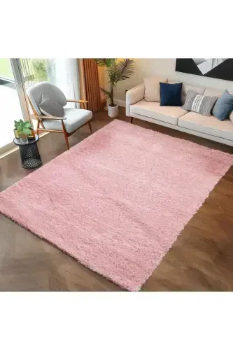 Tek Renk Desensiz Pembe Yumuşak Post Peluş Shaggy Halı Salon Oturma Odası Yolluk Mutfak Halısı-Pembe - 6