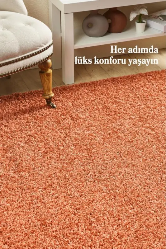 Tek Renk Kremit Rengi Yumuşak Post Peluş Shaggy Halı Salon Oturma Odası Yolluk Mutfak Halısı-Turuncu - 2