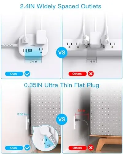 One Beat Cruise Ship Essentials,Travel Power Strip with USB C,Flat Plug Extension Cord 10 FT with 3 Outlets 4 USB Ports(2 USB C),Desk Wall Outlet Extender,Non Surge Protector for Cruise,Dorm Room,ETL - 4
