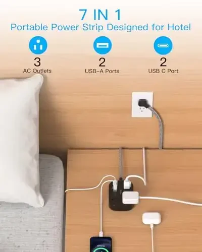 One Beat Cruise Ship Essentials,Travel Power Strip with USB C,Flat Plug Extension Cord with 3 Outlets 4 USB Ports(2 USB C),5 ft Desk Wall Outlet Extender,Non Surge Protector for Cruise,Dorm, Black - 2