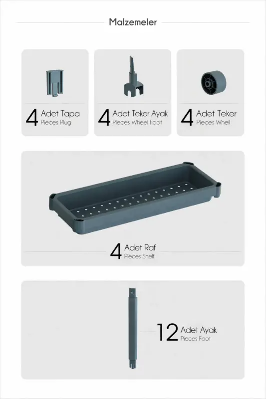 Tekerlekli Dikdörtgen 3 Katlı Raf Ünitesi - Banyo Mutfak Düzenleyici Organizer Raf Beyaz - 4