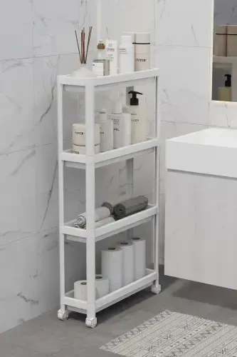 Tekerlekli Dikdörtgen 4 Katlı Raf Ünitesi Beyaz Banyo Mutfak Düzenleyici Organizer Raf-Beyaz - 2