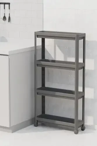 Tekerlekli Dikdörtgen 4 Katlı Raf Ünitesi Beyaz Banyo Mutfak Düzenleyici Organizer Raf-Beyaz - 4