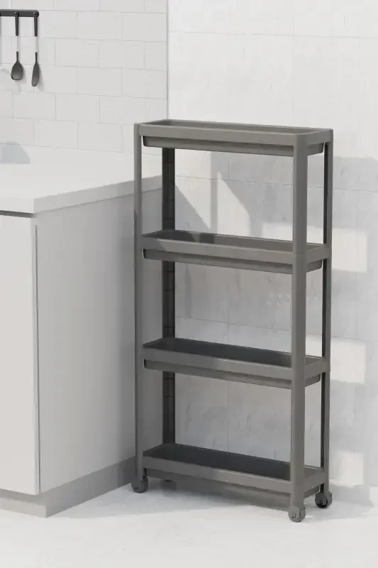 Tekerlekli Dikdörtgen 4 Katlı Raf Ünitesi Beyaz Banyo Mutfak Düzenleyici Organizer Raf-Beyaz - 4