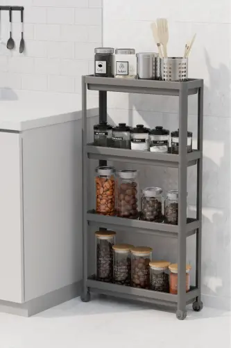 Tekerlekli Dikdörtgen 4 Katlı Raf Ünitesi Beyaz Banyo Mutfak Düzenleyici Organizer Raf-Antrasit - 3