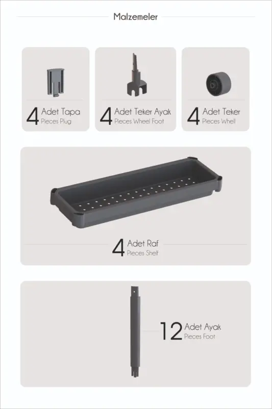 Tekerlekli Dikdörtgen 4 Katlı Raf Ünitesi Beyaz Banyo Mutfak Düzenleyici Organizer Raf-Antrasit - 4