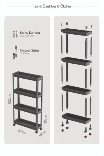 Tekerlekli Dikdörtgen 4 Katlı Raf Ünitesi Beyaz Banyo Mutfak Düzenleyici Organizer Raf-Antrasit - 5