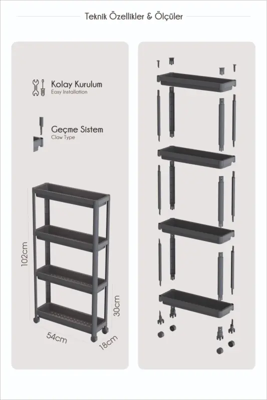 Tekerlekli Dikdörtgen 4 Katlı Raf Ünitesi Beyaz Banyo Mutfak Düzenleyici Organizer Raf-Antrasit - 5
