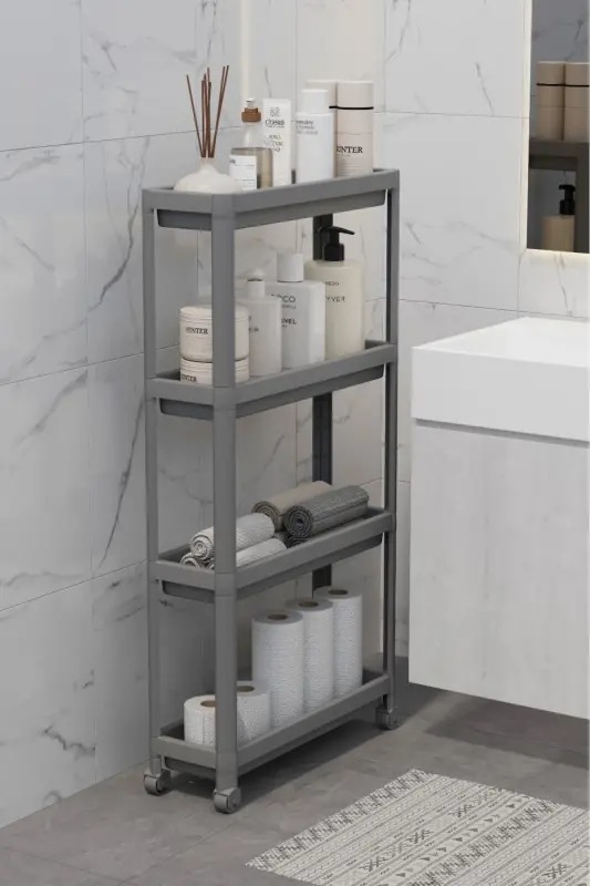 Tekerlekli Dikdörtgen 4 Katlı Raf Ünitesi Beyaz Banyo Mutfak Düzenleyici Organizer Raf-Antrasit - OMAŞ HOUSEHOLD PRODUCT