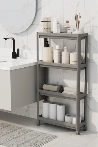 Tekerlekli Dikdörtgen 4 Katlı Raf Ünitesi Beyaz Banyo Mutfak Düzenleyici Organizer Raf - Antrasit - OMAŞ HOUSEHOLD PRODUCT (1)