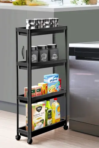 Tekerlekli Dikdörtgen 4 Katlı Raf Ünitesi Siyah Banyo Mutfak Düzenleyici Organizer Raf-Siyah - 1