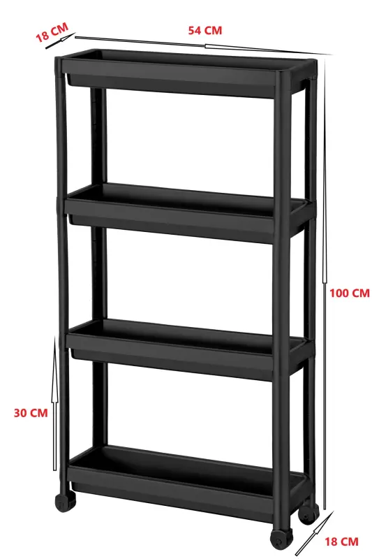 Tekerlekli Dikdörtgen 4 Katlı Raf Ünitesi Siyah Banyo Mutfak Düzenleyici Organizer Raf-Siyah - 2