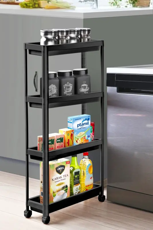 Tekerlekli Dikdörtgen 4 Katlı Raf Ünitesi Siyah Banyo Mutfak Düzenleyici Organizer Raf-Siyah - OMAŞ HOUSEHOLD PRODUCT