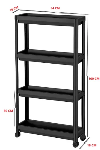 Tekerlekli Dikdörtgen 4 Katlı Raf Ünitesi Siyah Banyo Mutfak Düzenleyici Organizer Raf-Siyah - 2
