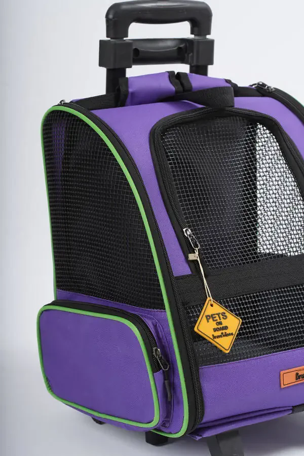 Tekerlekli Plastik Fileli Kedi ve Köpek Taşıma Çantası Çekçek Mekanizmalı Yıkanabilir-mor - 4