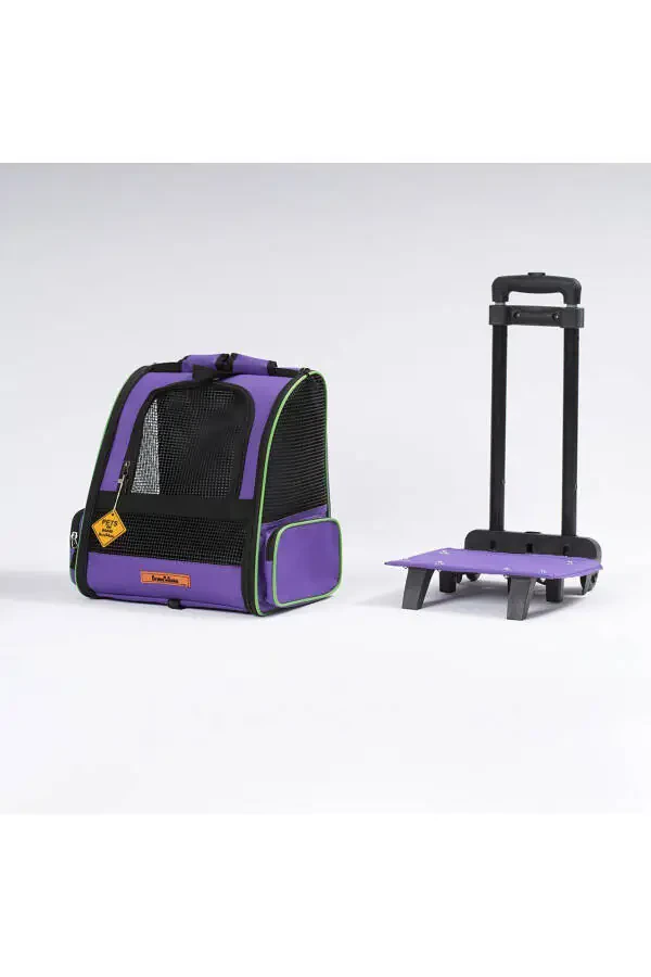 Tekerlekli Plastik Fileli Kedi ve Köpek Taşıma Çantası Çekçek Mekanizmalı Yıkanabilir-mor - 5
