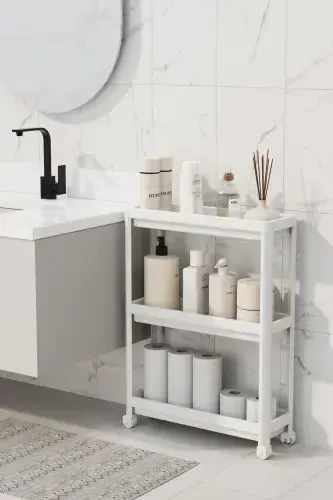 Tekerlekli Raf Ünitesi 3 Katlı Beyaz Banyo Rafı Mutfak Rafı Servis Sehpası Organizer(PEGGYBEYAZ)-beyaz - 1