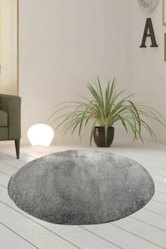 Tekli Yuvarlak Post Peluş Banyo Pas Pası Jel Kaymaz Taban Gri 100x100 - Gri - SARAR